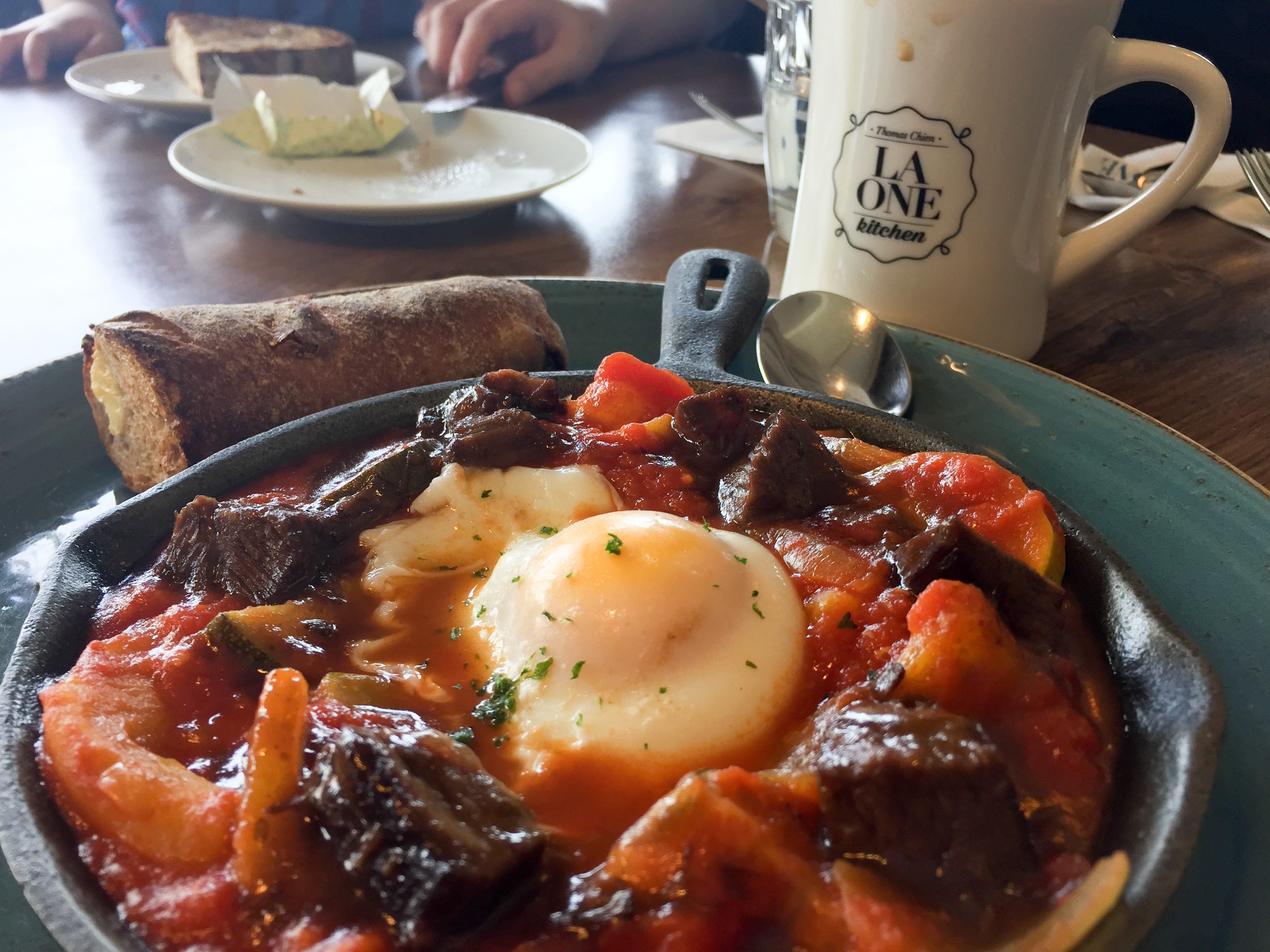 Braised Beef Cheeks with Egg, Vegetables and Bread