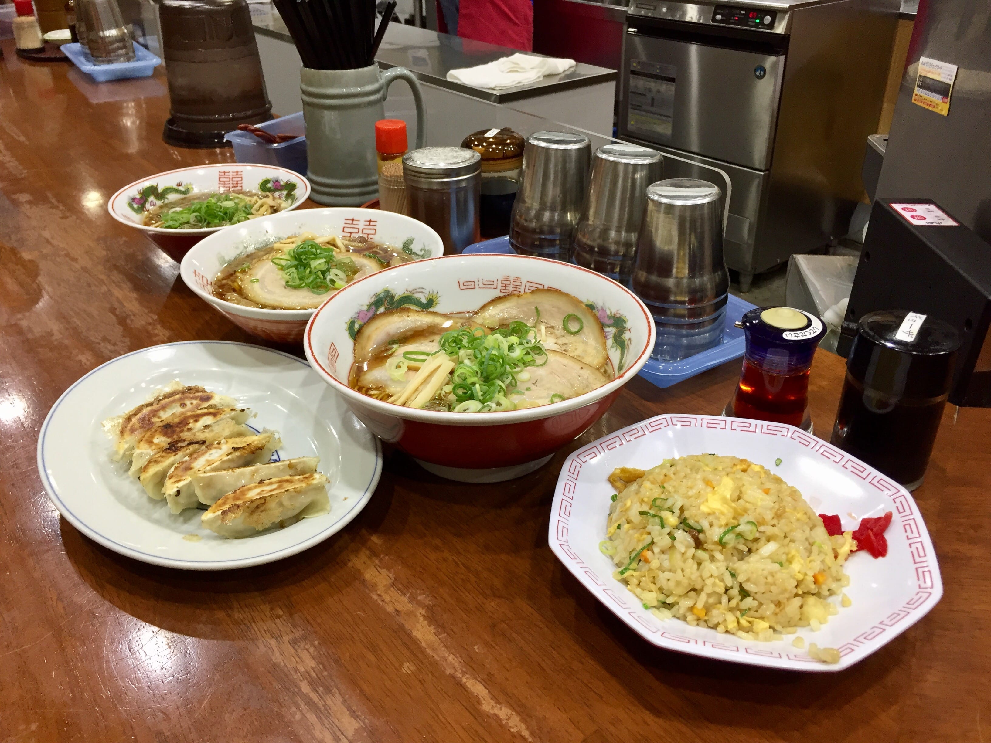 Ramen, dumpling and fried rice for Dinner at Onomichi JR Station