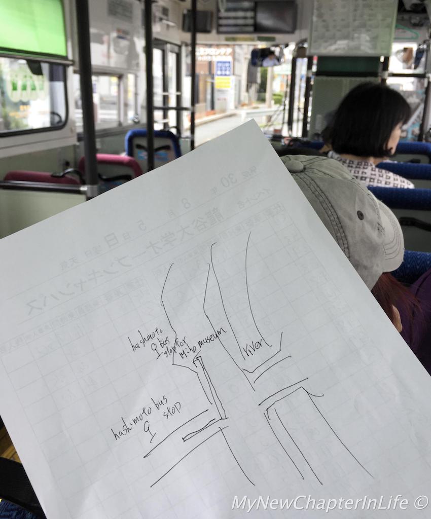 Hand drawing by the staff showing how to change bus for Miho Museum