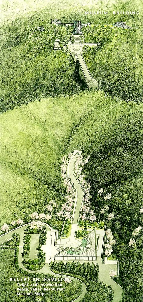 Aerial View with Reception Pavilion at the bottom and Museum main building at the top